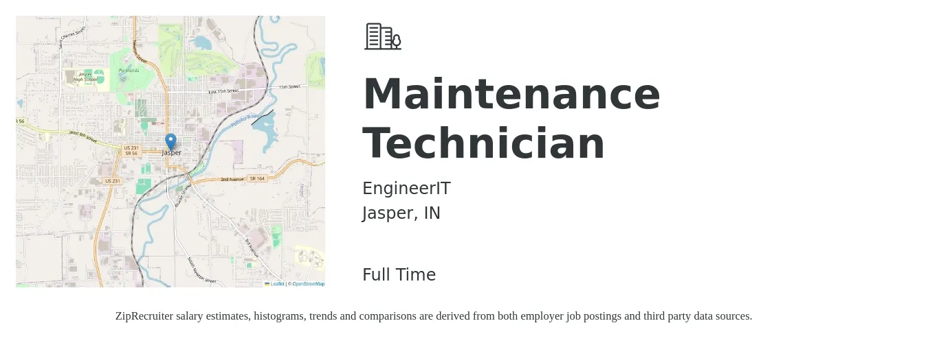 EngineerIT job posting for a Maintenance Technician in Jasper, IN with a salary of $17 to $24 Hourly with a map of Jasper location.
