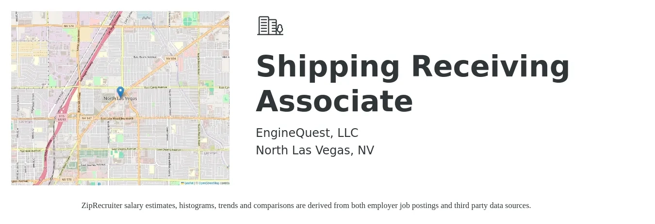 EngineQuest, LLC job posting for a Shipping Receiving Associate in North Las Vegas, NV with a salary of $16 to $19 Hourly with a map of North Las Vegas location.