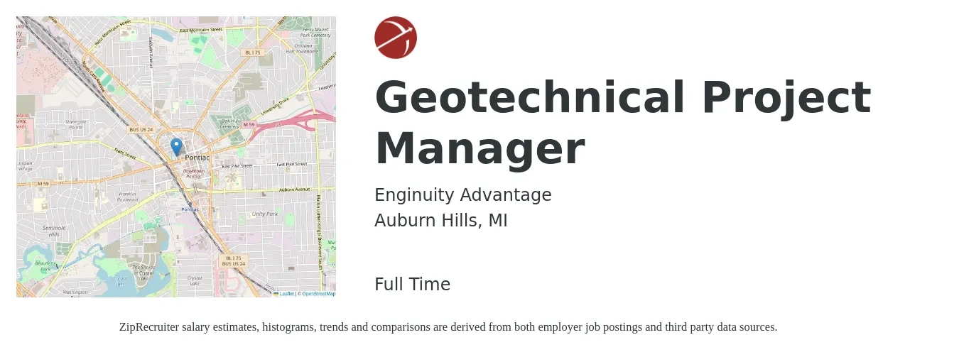 Enginuity Advantage job posting for a Geotechnical Project Manager in Auburn Hills, MI with a salary of $76,700 to $123,500 Yearly with a map of Auburn Hills location.