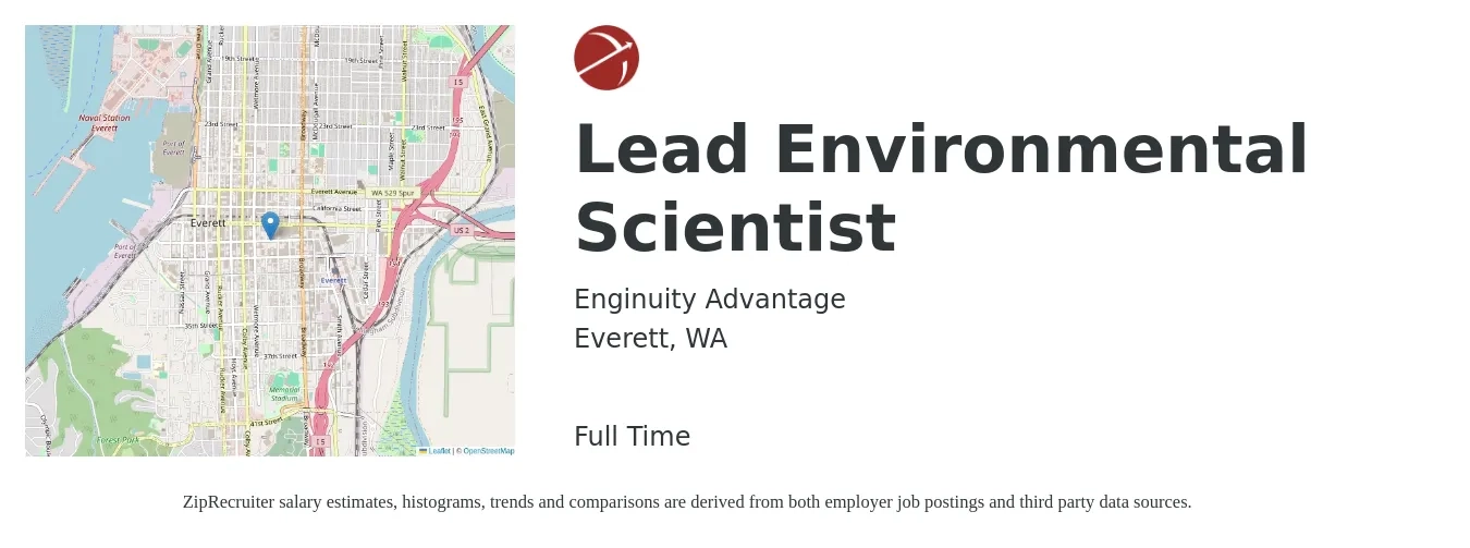 Enginuity Advantage job posting for a Lead Environmental Scientist in Everett, WA with a salary of $82,800 to $108,800 Yearly with a map of Everett location.