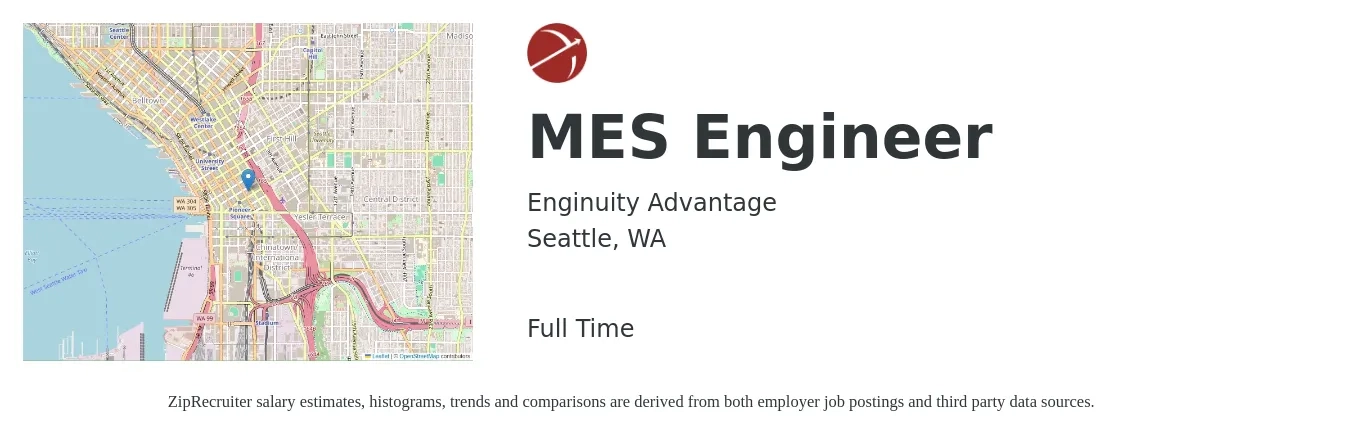 Enginuity Advantage job posting for a MES Engineer in Seattle, WA with a salary of $97,100 to $162,800 Yearly with a map of Seattle location.