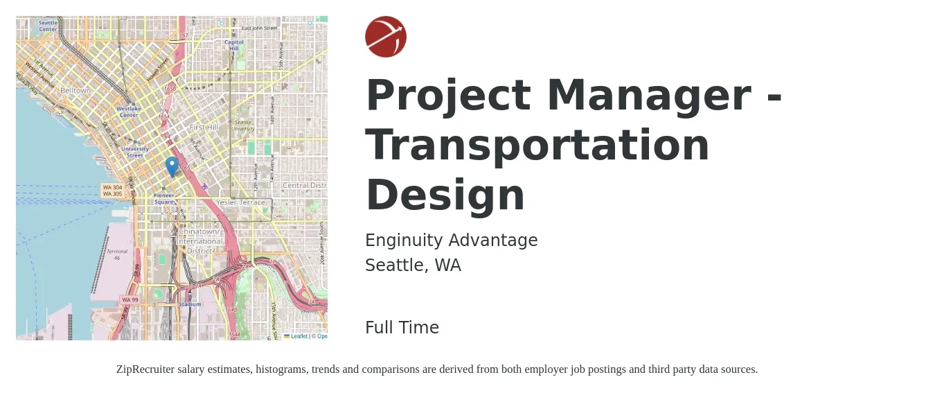 Enginuity Advantage job posting for a Project Manager - Transportation Design in Seattle, WA with a salary of $95,000 to $144,500 Yearly with a map of Seattle location.