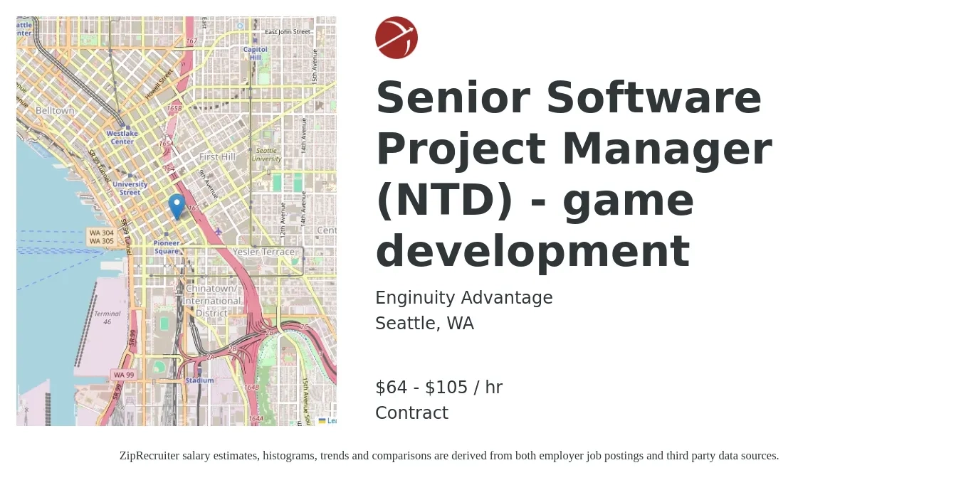 Enginuity Advantage job posting for a Senior Software Project Manager (NTD) - game development in Seattle, WA with a salary of $67 to $110 Hourly with a map of Seattle location.