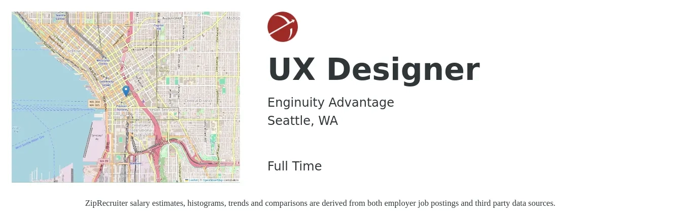 Enginuity Advantage job posting for a UX Designer in Seattle, WA with a salary of $104,000 to $142,800 Yearly with a map of Seattle location.
