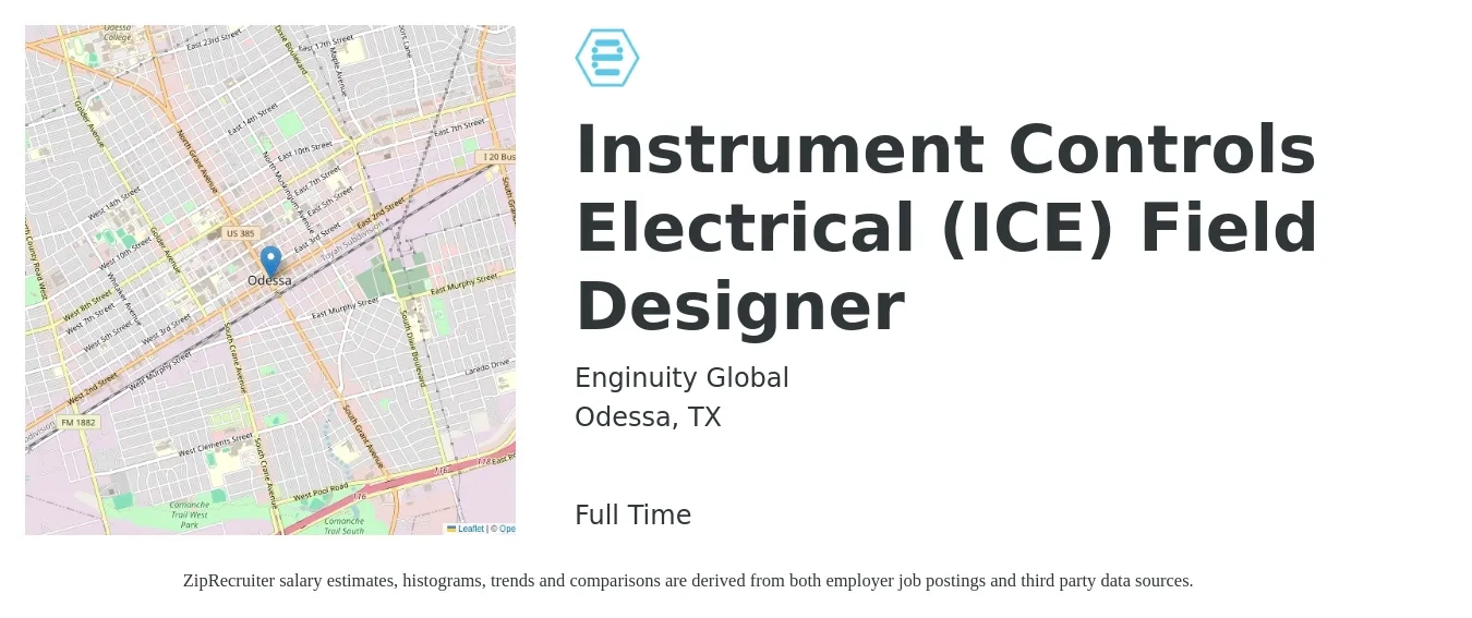 Enginuity Global job posting for a Instrument Controls Electrical (ICE) Field Designer in Odessa, TX with a salary of $50 to $65 Hourly with a map of Odessa location.