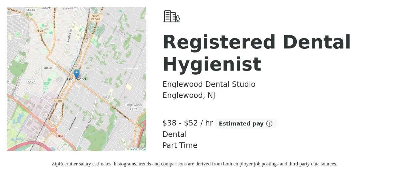 Englewood Dental Studio job posting for a Registered Dental Hygienist in Englewood, NJ with a salary of $40 to $55 Hourly and benefits including dental with a map of Englewood location.