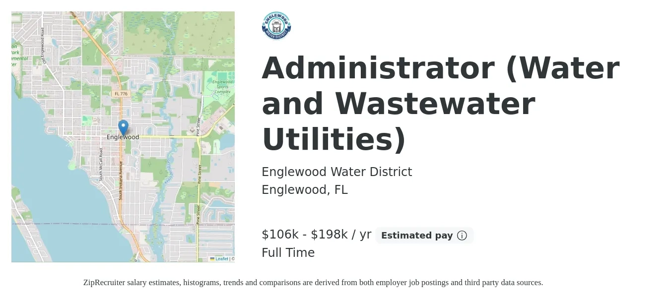 Englewood Water District job posting for a Administrator (Water and Wastewater Utilities) in Englewood, FL with a salary of $106,070 to $198,238 Yearly with a map of Englewood location.