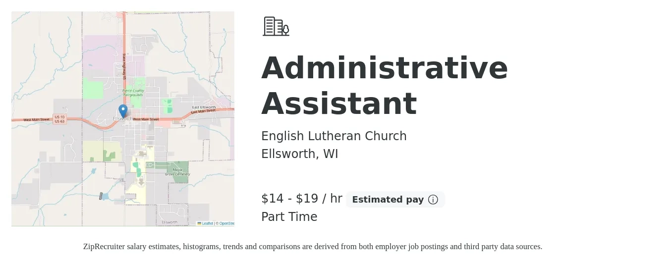English Lutheran Church job posting for a Administrative Assistant in Ellsworth, WI with a salary of $15 to $20 Hourly with a map of Ellsworth location.