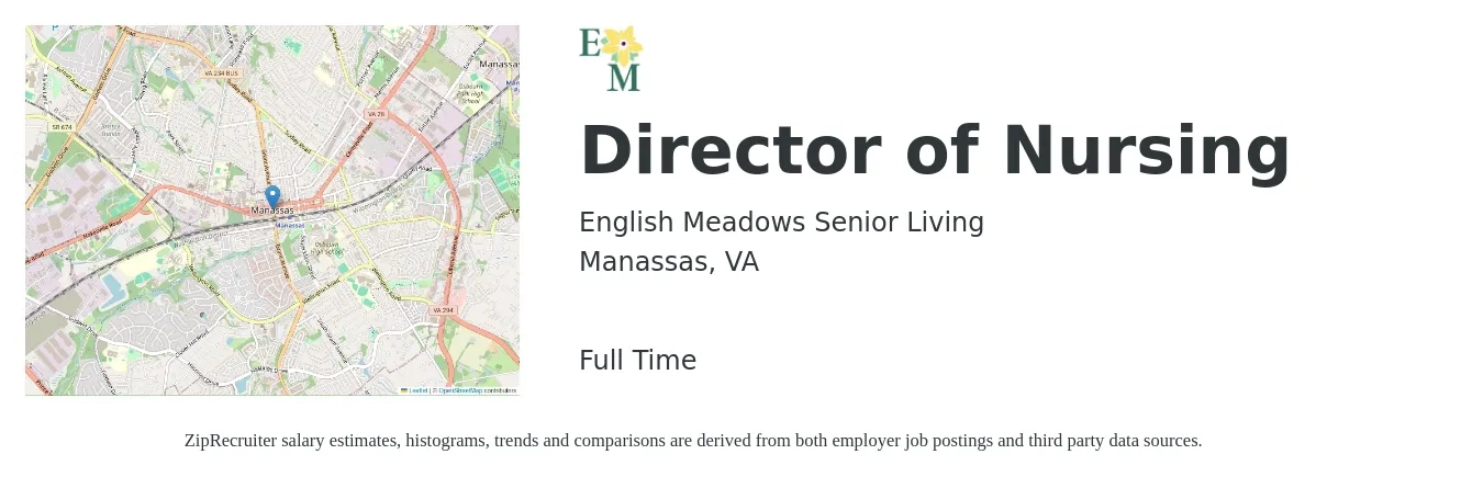 English Meadows Senior Living job posting for a Director of Nursing in Manassas, VA with a salary of $83,000 to $125,500 Yearly with a map of Manassas location.