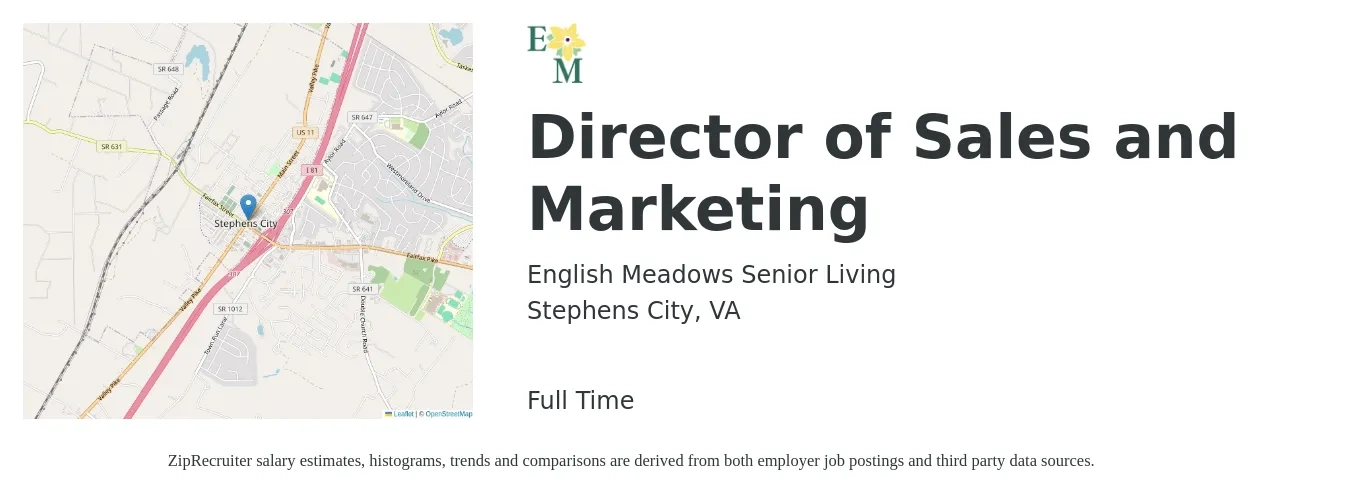 English Meadows Senior Living job posting for a Director of Sales and Marketing in Stephens City, VA with a salary of $64,800 to $116,900 Yearly with a map of Stephens City location.