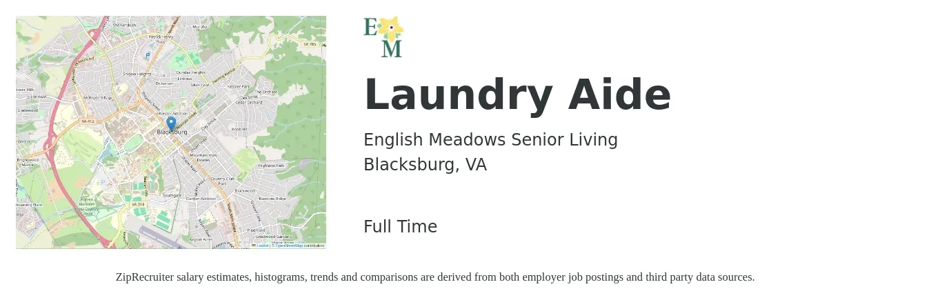 English Meadows Senior Living job posting for a Laundry Aide in Blacksburg, VA with a salary of $11 to $14 Hourly with a map of Blacksburg location.