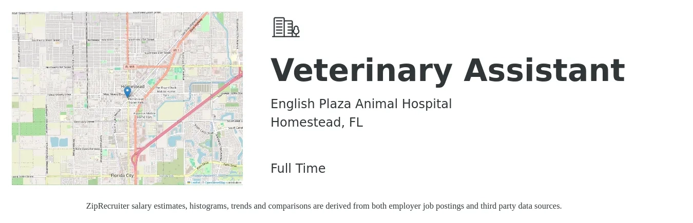 English Plaza Animal Hospital job posting for a Veterinary Assistant in Homestead, FL with a salary of $14 to $18 Hourly with a map of Homestead location.