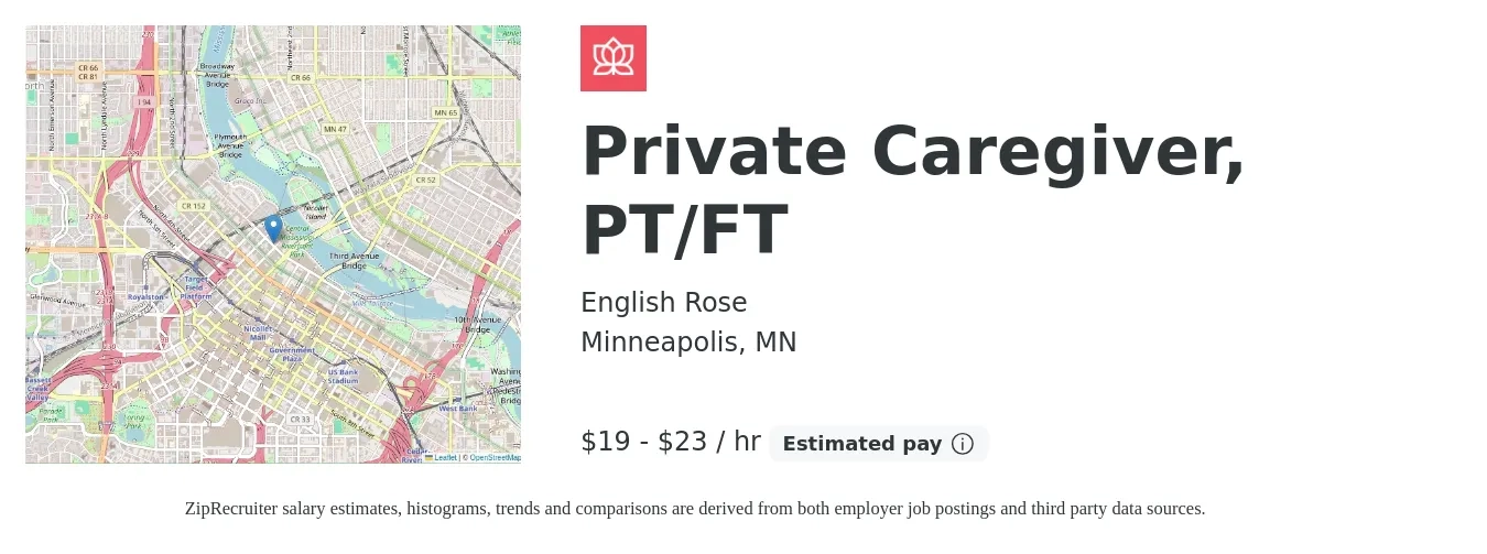 English Rose job posting for a Private Caregiver, PT/FT in Minneapolis, MN with a salary of $20 to $24 Hourly with a map of Minneapolis location.
