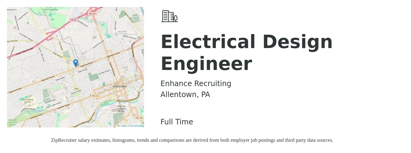 Enhance Recruiting job posting for a Electrical Design Engineer in Allentown, PA with a salary of $81,400 to $114,000 Yearly with a map of Allentown location.