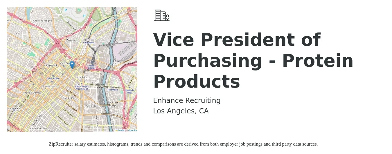 Enhance Recruiting job posting for a Vice President of Purchasing - Protein Products in Los Angeles, CA with a salary of $140,100 to $209,000 Yearly with a map of Los Angeles location.