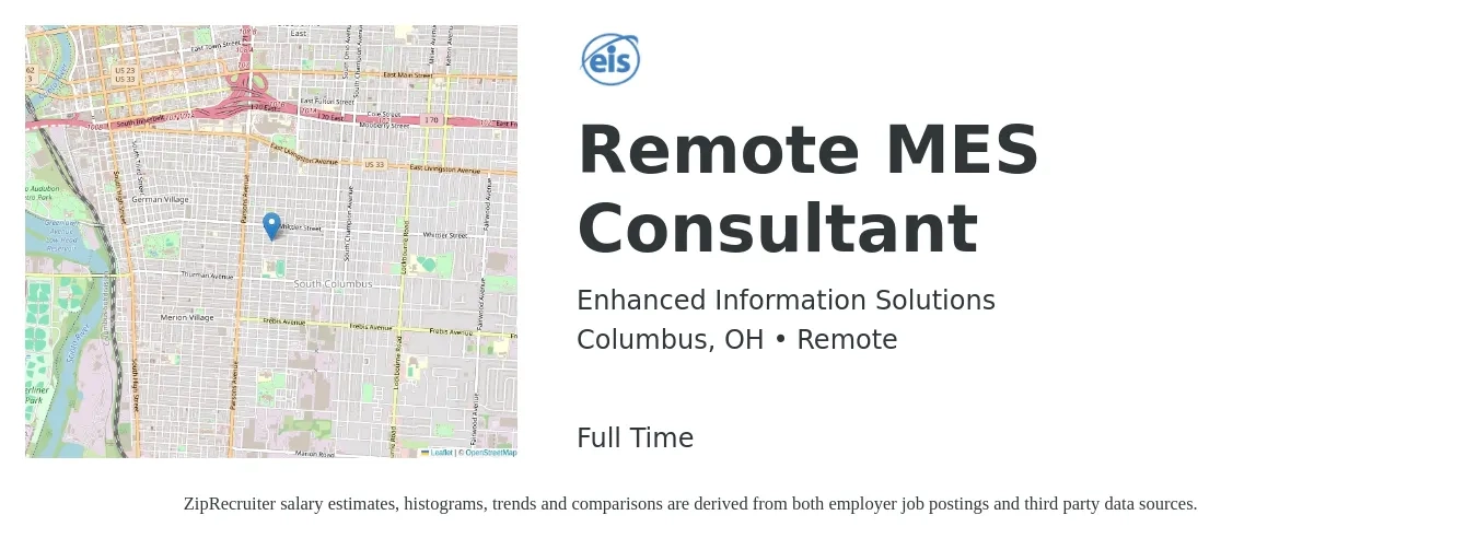 Enhanced Information Solutions job posting for a Remote MES Consultant in Columbus, OH with a salary of $24 to $63 Hourly with a map of Columbus location.