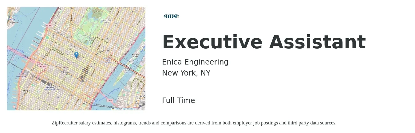 Enica Engineering job posting for a Executive Assistant in New York, NY with a salary of $60,000 to $90,000 Yearly with a map of New York location.