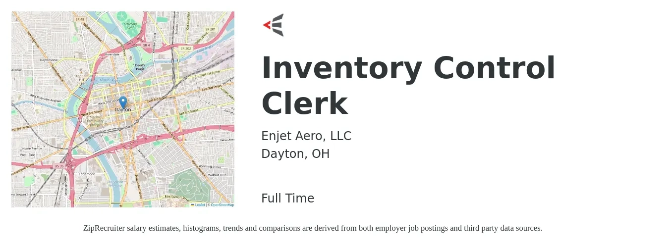 Enjet Aero, LLC job posting for a Inventory Control Clerk in Dayton, OH with a salary of $16 to $20 Hourly with a map of Dayton location.