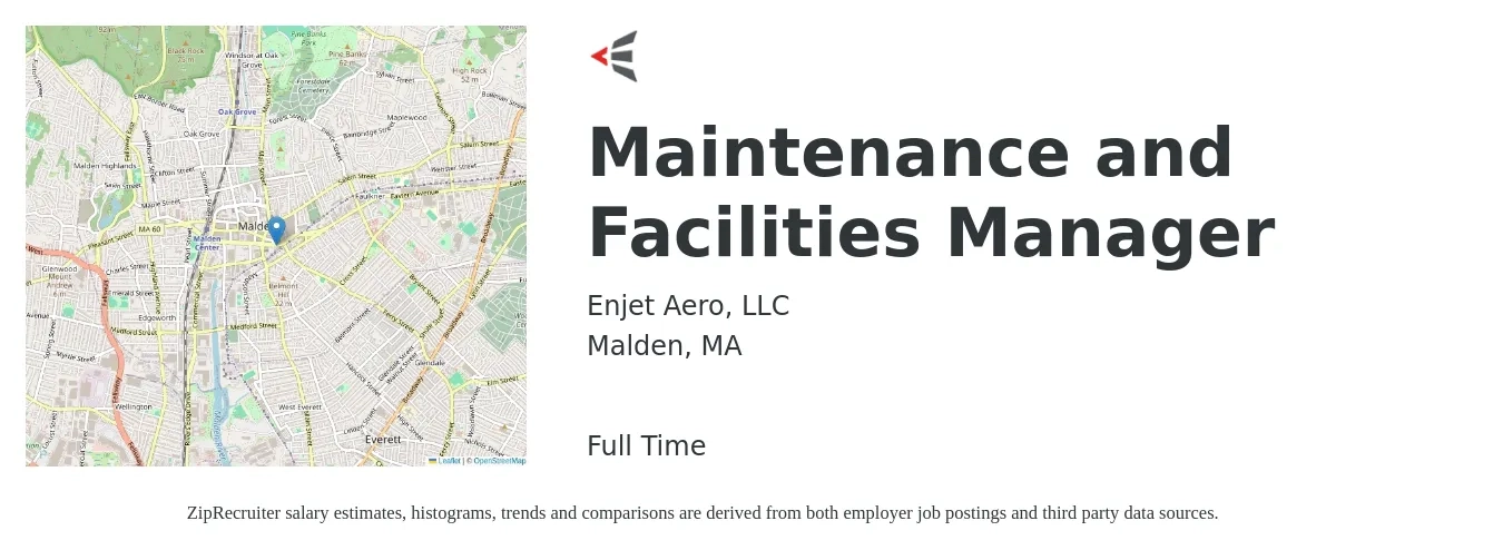 Enjet Aero, LLC job posting for a Maintenance and Facilities Manager in Malden, MA with a salary of $60,000 to $96,000 Yearly with a map of Malden location.