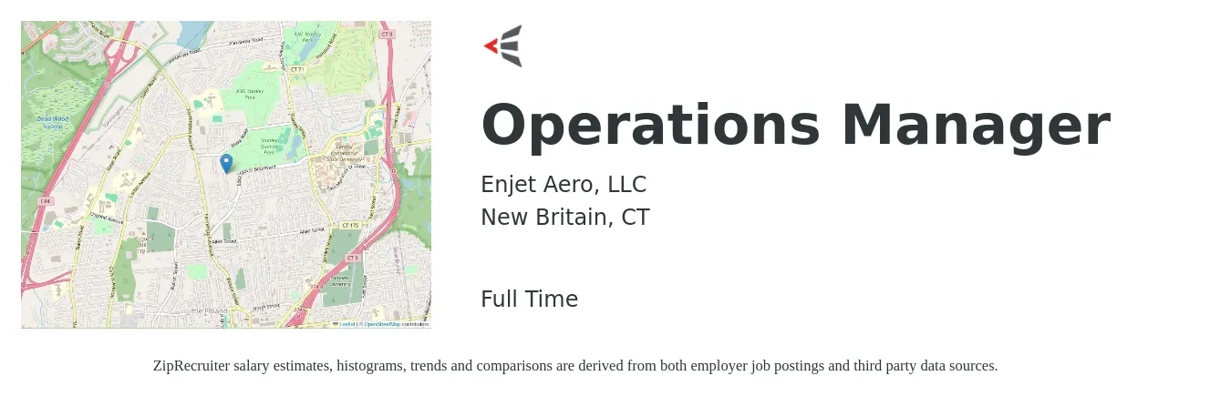 Enjet Aero, LLC job posting for a Operations Manager in New Britain, CT with a salary of $40,700 to $76,900 Yearly with a map of New Britain location.