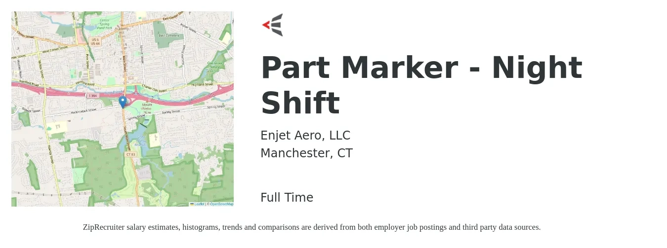 Enjet Aero, LLC job posting for a Part Marker - Night Shift in Manchester, CT with a salary of $18 to $18 Hourly with a map of Manchester location.
