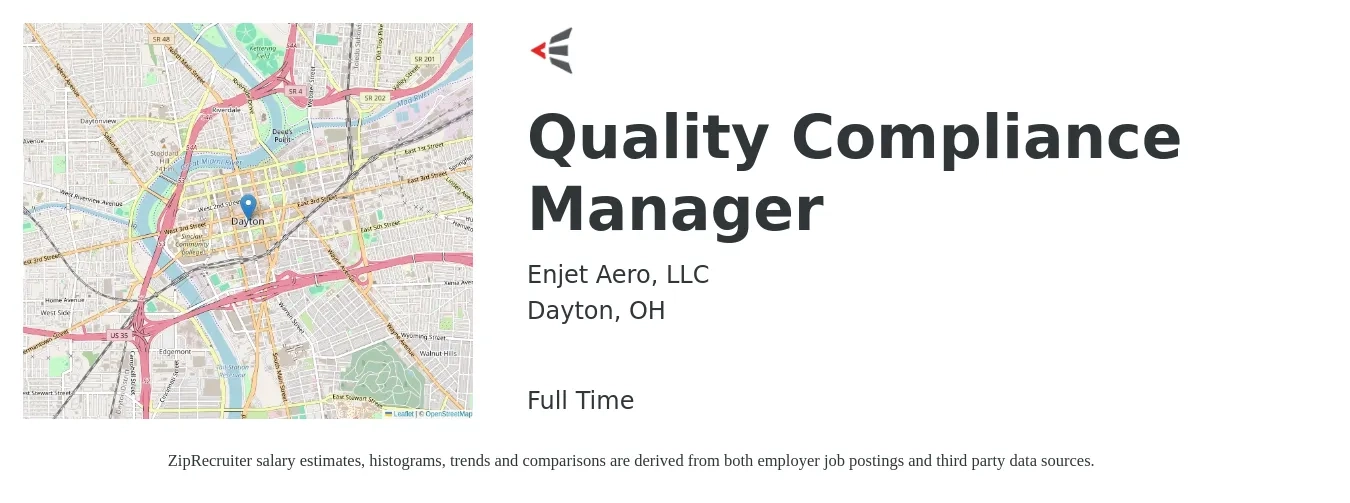 Enjet Aero, LLC job posting for a Quality Compliance Manager in Dayton, OH with a salary of $68,400 to $106,800 Yearly with a map of Dayton location.