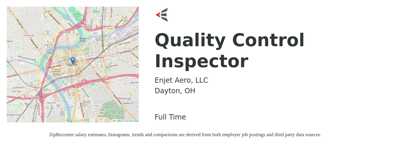 Enjet Aero, LLC job posting for a Quality Control Inspector in Dayton, OH with a salary of $18 to $24 Hourly with a map of Dayton location.