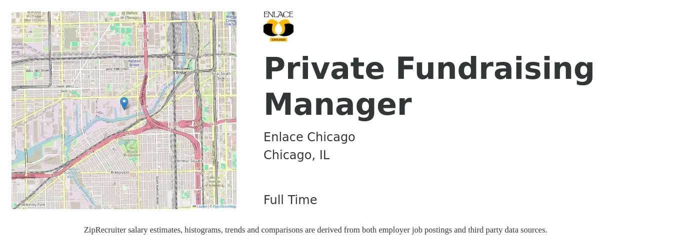 Enlace Chicago job posting for a Private Fundraising Manager in Chicago, IL with a salary of $53,800 to $76,300 Yearly with a map of Chicago location.