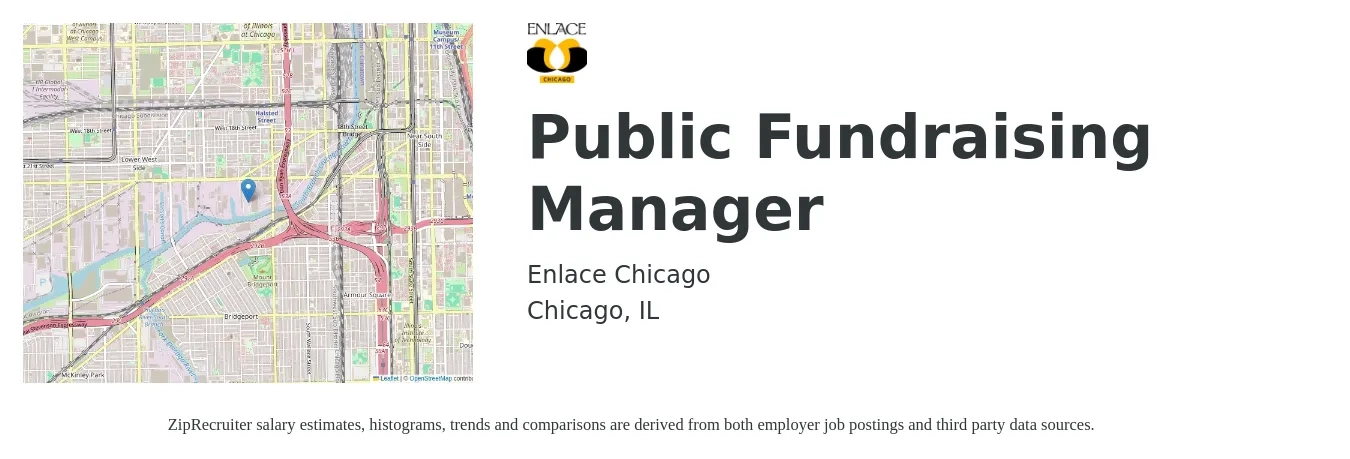 Enlace Chicago job posting for a Public Fundraising Manager in Chicago, IL with a salary of $55,600 to $78,800 Yearly with a map of Chicago location.