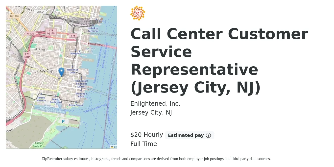 Enlightened, Inc. job posting for a Call Center Customer Service Representative (Jersey City, NJ) in Jersey City, NJ with a salary of $21 Hourly with a map of Jersey City location.