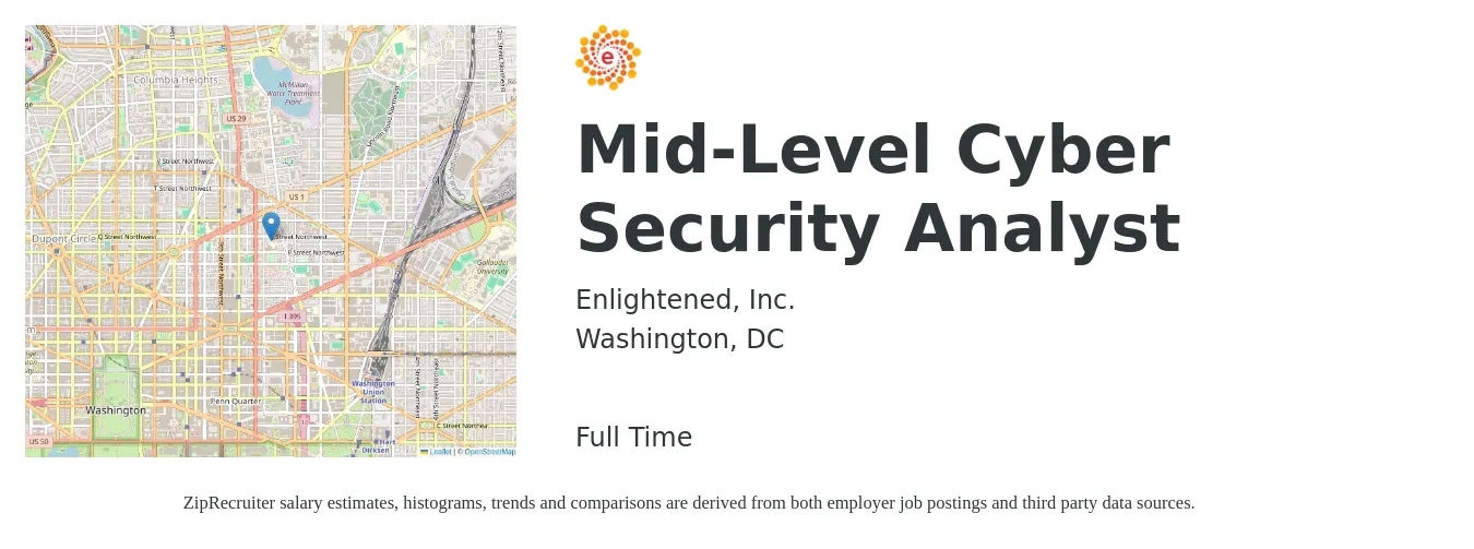 Enlightened, Inc. job posting for a Mid-Level Cyber Security Analyst in Washington, DC with a salary of $89,500 to $130,000 Yearly with a map of Washington location.