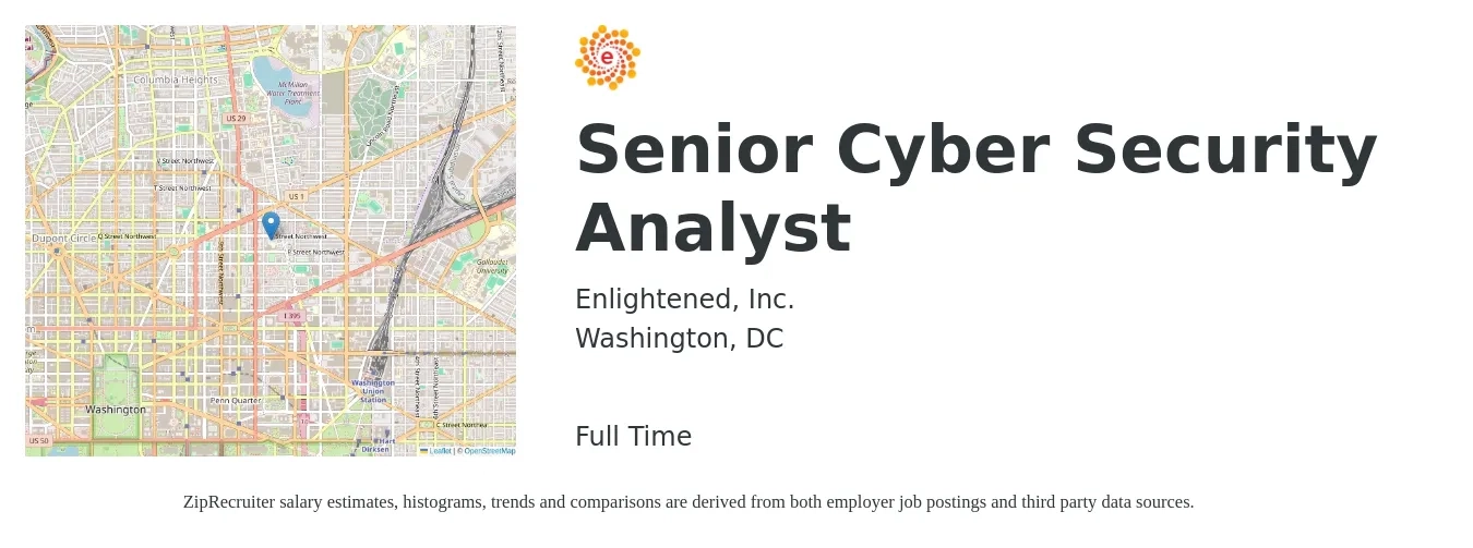 Enlightened, Inc. job posting for a Senior Cyber Security Analyst in Washington, DC with a salary of $112,500 to $145,200 Yearly with a map of Washington location.