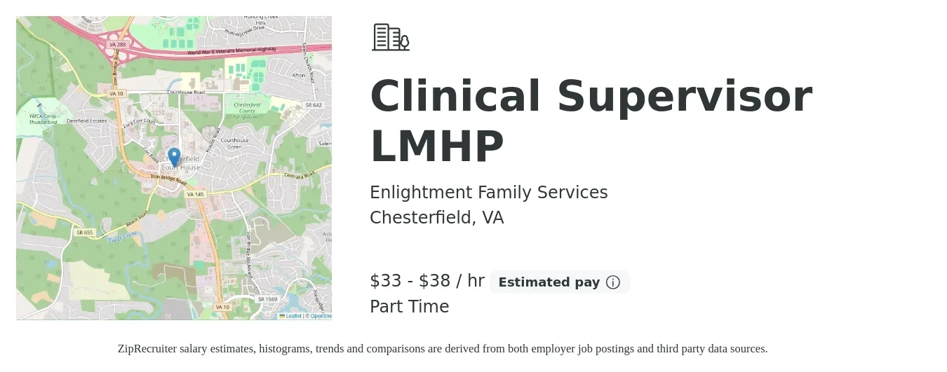 Enlightment Family Services job posting for a Clinical Supervisor LMHP in Chesterfield, VA with a salary of $35 to $40 Hourly with a map of Chesterfield location.