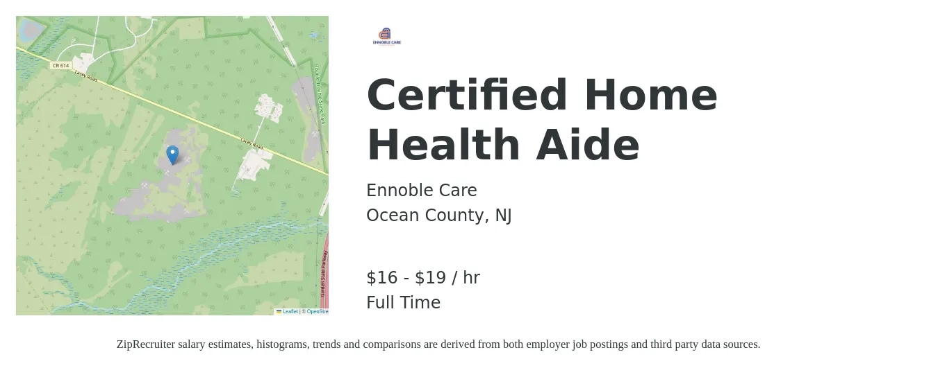 Ennoble Care job posting for a Certified Home Health Aide in Ocean County, NJ with a salary of $17 to $20 Hourly with a map of Ocean County location.