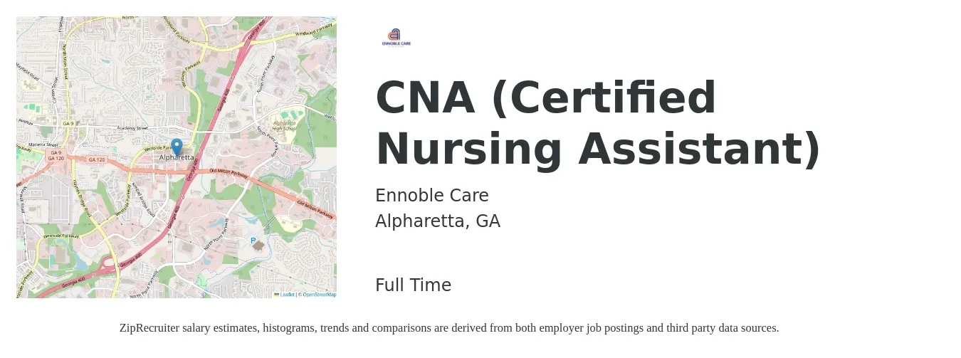 Ennoble Care job posting for a CNA (Certified Nursing Assistant) in Alpharetta, GA with a salary of $16 to $23 Hourly with a map of Alpharetta location.