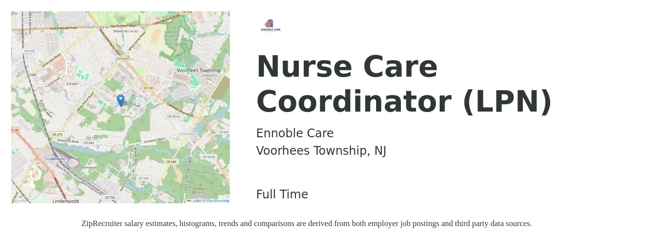 Ennoble Care job posting for a Nurse Care Coordinator (LPN) in Voorhees Township, NJ with a salary of $20 to $30 Hourly with a map of Voorhees Township location.