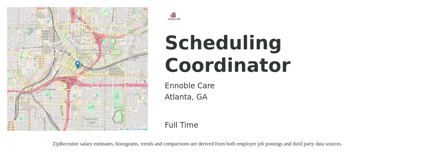 Ennoble Care job posting for a Scheduling Coordinator in Atlanta, GA with a salary of $17 to $22 Hourly with a map of Atlanta location.