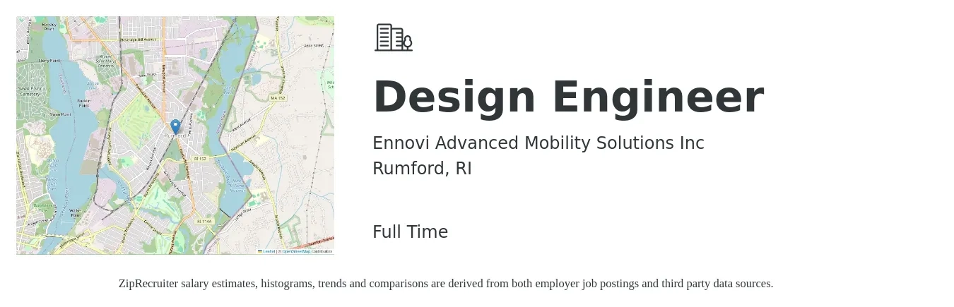 Ennovi Advanced Mobility Solutions Inc job posting for a Design Engineer in Rumford, RI with a salary of $68,000 to $98,500 Yearly with a map of Rumford location.