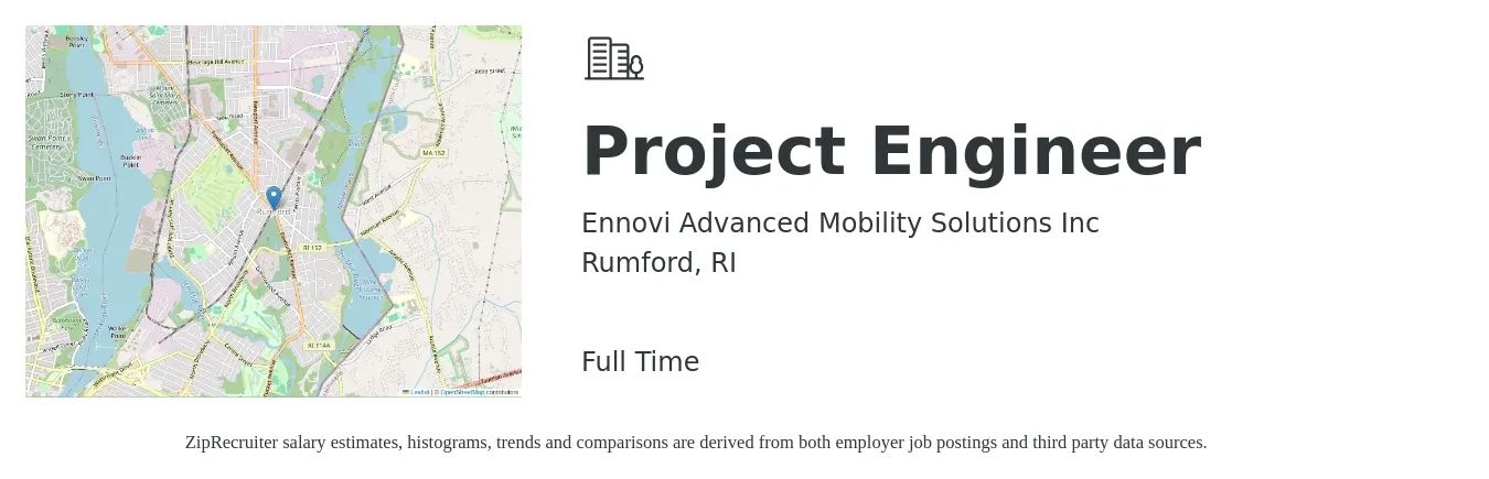 Ennovi Advanced Mobility Solutions Inc job posting for a Project Engineer in Rumford, RI with a salary of $74,000 to $103,500 Yearly with a map of Rumford location.