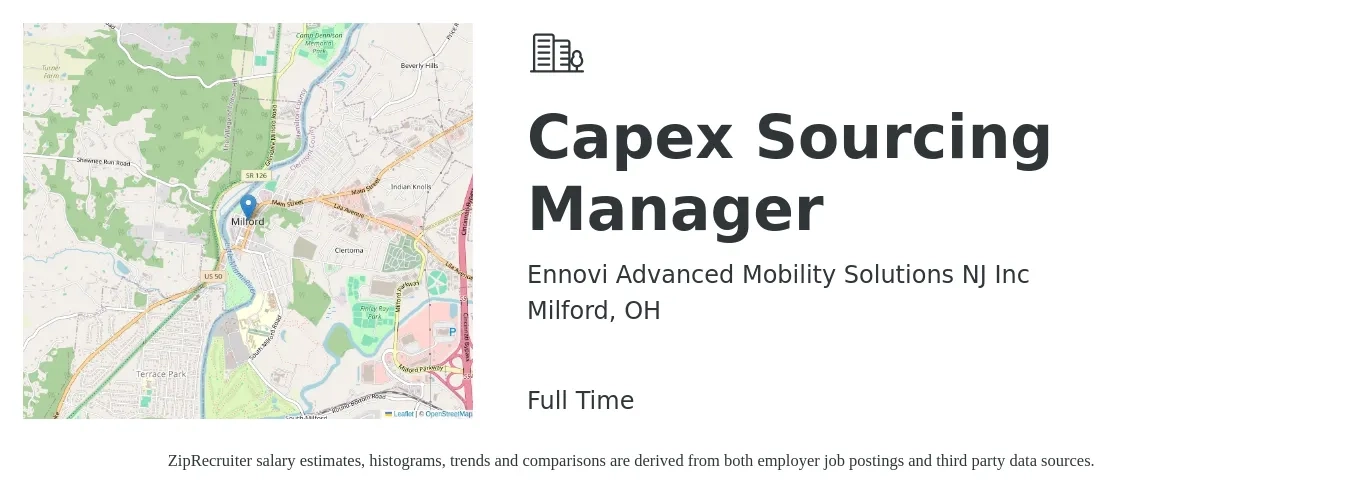Ennovi Advanced Mobility Solutions NJ Inc job posting for a Capex Sourcing Manager in Milford, OH with a salary of $97,400 to $145,200 Yearly with a map of Milford location.