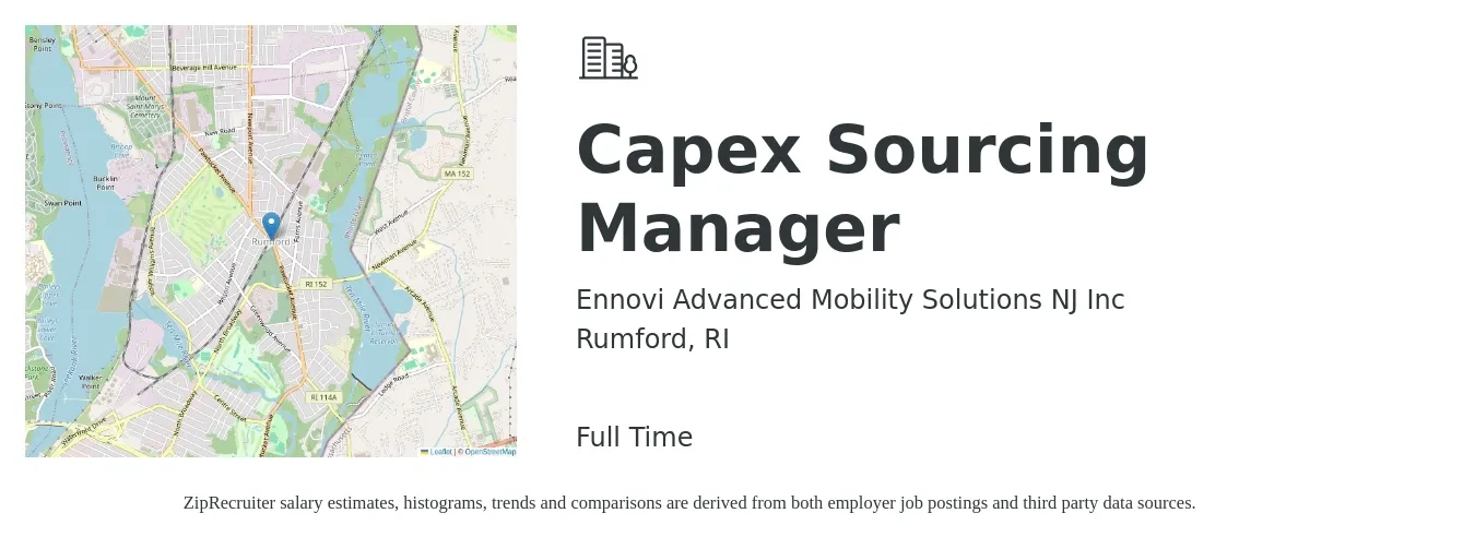 Ennovi Advanced Mobility Solutions NJ Inc job posting for a Capex Sourcing Manager in Rumford, RI with a salary of $112,000 to $166,900 Yearly with a map of Rumford location.