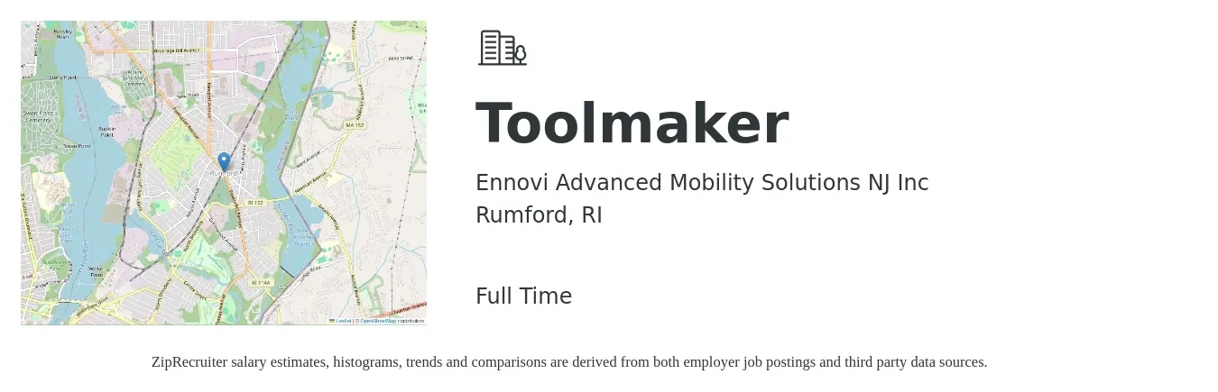 Ennovi Advanced Mobility Solutions NJ Inc job posting for a Toolmaker in Rumford, RI with a salary of $26 to $34 Hourly with a map of Rumford location.