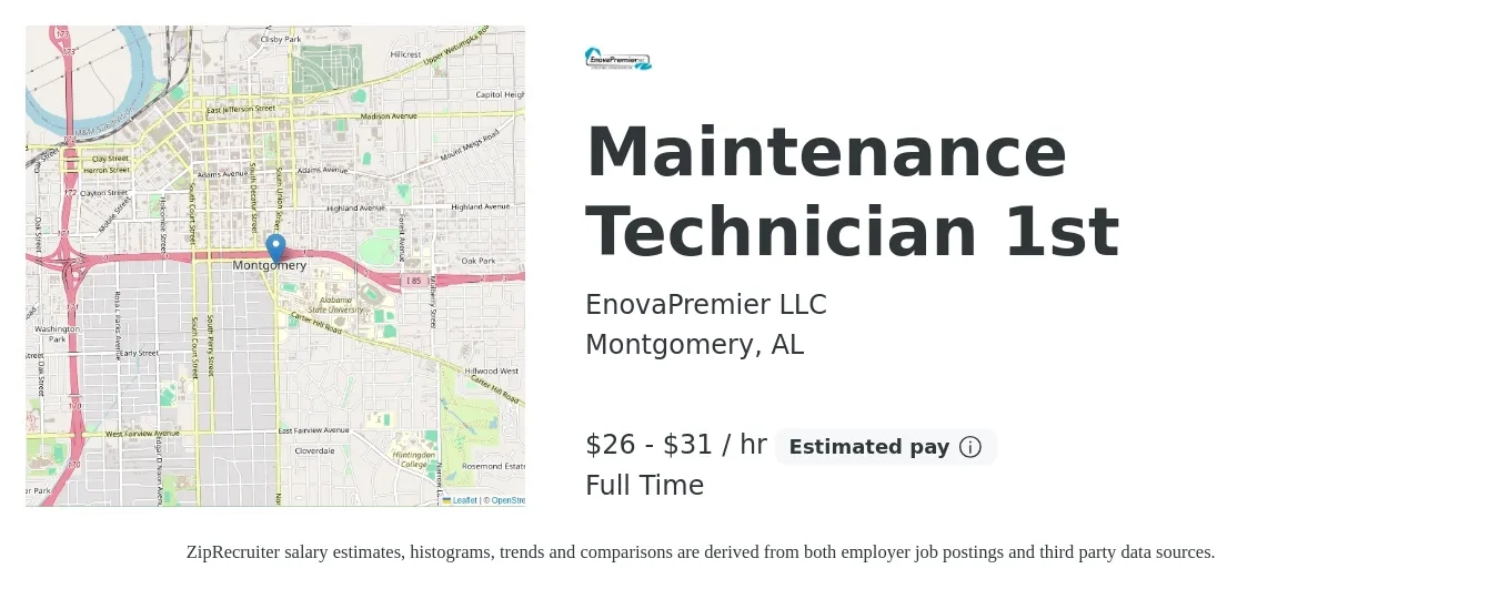 EnovaPremier LLC job posting for a Maintenance Technician 1st in Montgomery, AL with a salary of $28 to $33 Hourly with a map of Montgomery location.