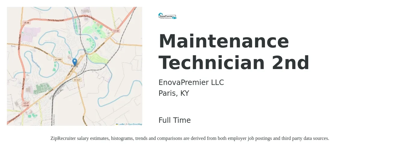 EnovaPremier LLC job posting for a Maintenance Technician 2nd in Paris, KY with a salary of $16 to $22 Hourly with a map of Paris location.
