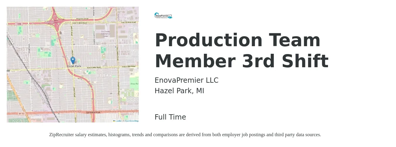 EnovaPremier LLC job posting for a Production Team Member 3rd Shift in Hazel Park, MI with a salary of $14 to $17 Hourly with a map of Hazel Park location.