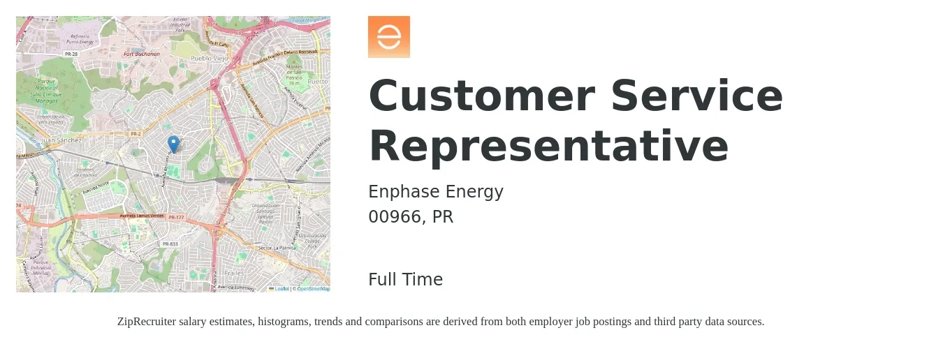 Enphase Energy job posting for a Customer Service Representative in 00966, PR with a salary of $15 Hourly with a map of 00966 location.