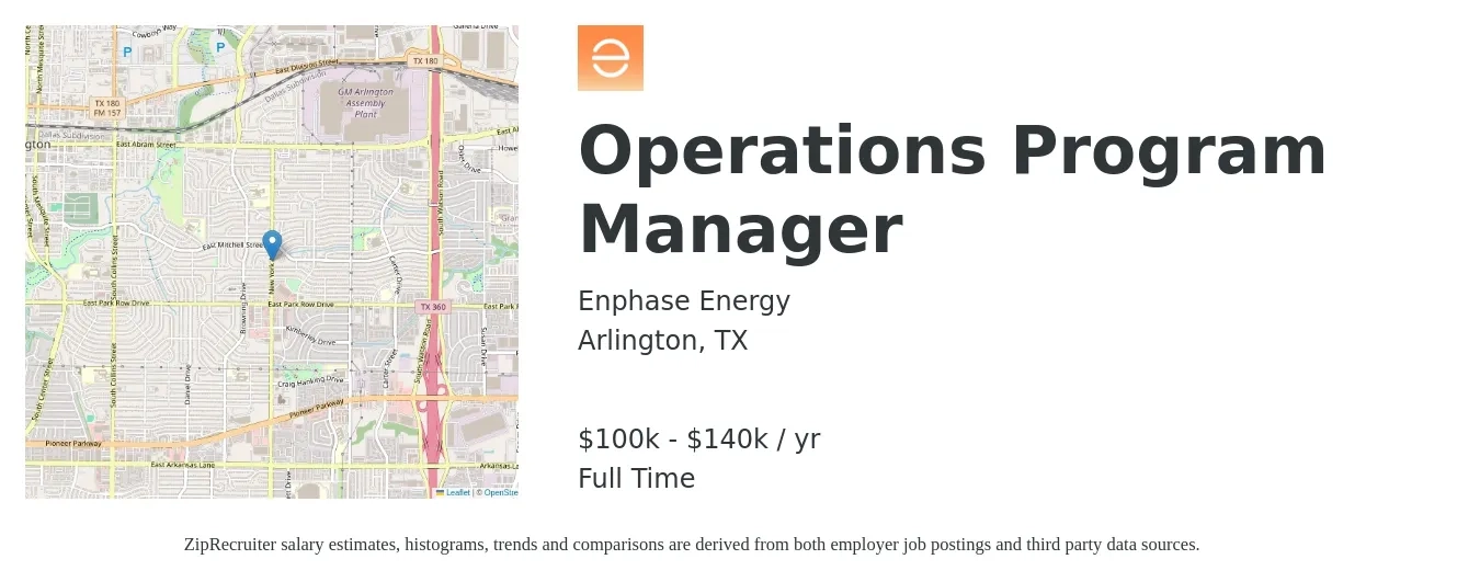 Enphase Energy job posting for a Operations Program Manager in Arlington, TX with a salary of $100,000 to $140,000 Yearly with a map of Arlington location.