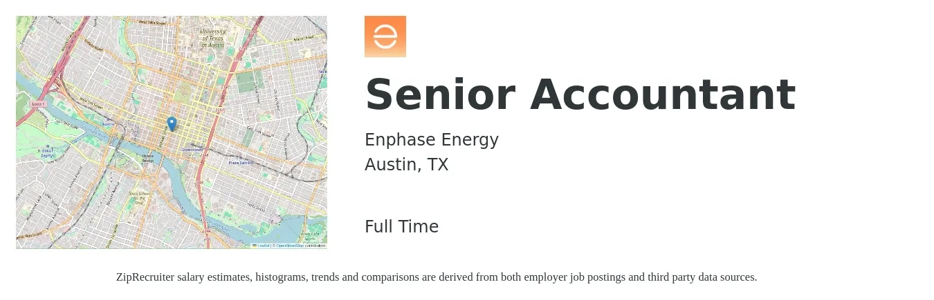 Enphase Energy job posting for a Senior Accountant in Austin, TX with a salary of $80,000 to $115,000 Yearly with a map of Austin location.