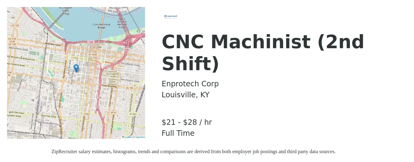 Enprotech, LLC job posting for a CNC Machinist (2nd Shift) in Louisville, KY with a salary of $22 to $30 Hourly with a map of Louisville location.