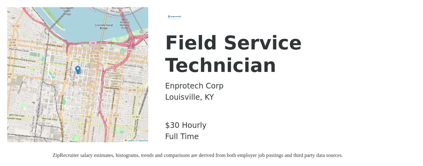 Enprotech, LLC job posting for a Field Service Technician in Louisville, KY with a salary of $32 Hourly with a map of Louisville location.